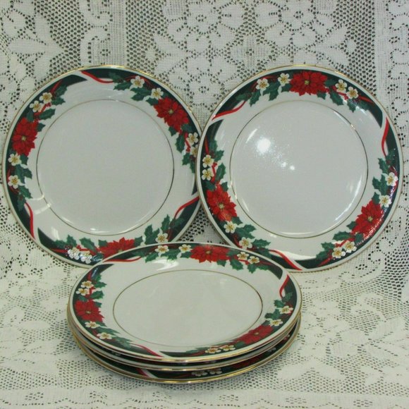5 Christmas Salad or Cake Plates Tienshan Fine China DECK THE HALLS 7.5" Floral - Picture 1 of 6